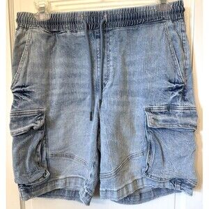 Forever 21 Mens Cargo Slim Jean Denim Shorts L Acid Wash Stretch Skate Grunge